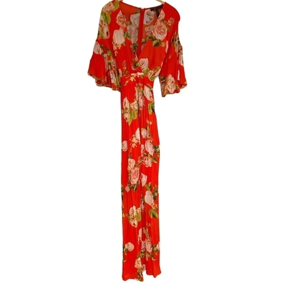 BCBG Red Floral Short Sleeve Flutter Sleeve Wrap Maxi Dress - Size M - Picture 4 of 6